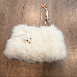 Vtg White Angora Rabbit Fur Children's Hand Muff Warmer‎ Wear﻿ 50s Fake Fox Head